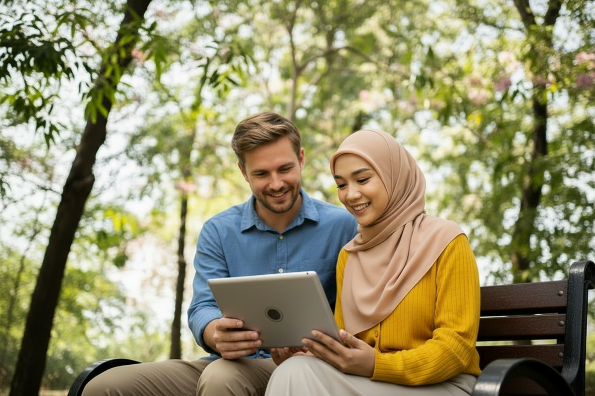 Revert man and Muslim woman reading a digital guide from Converts Harbor